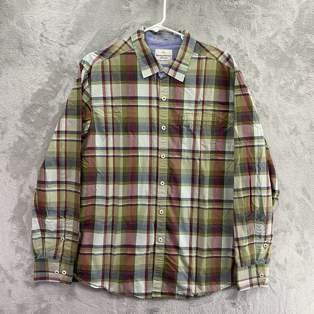 Tommy Bahama Green Plaid Button Up Shirt Men's L Long Sleeve Cotton